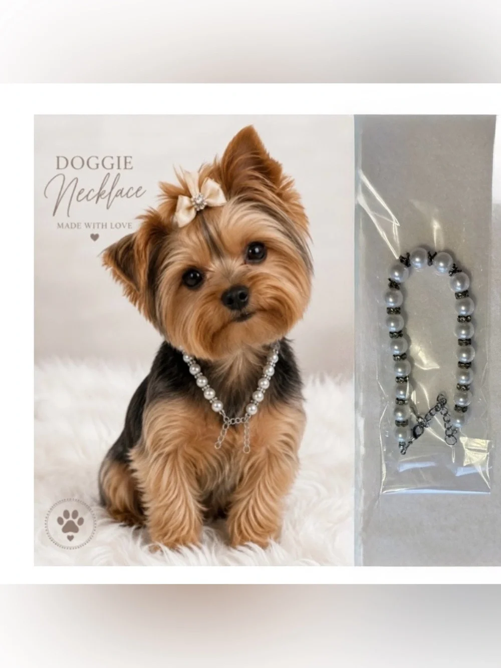 Small Pet Accessory Bundle-Pearl Rhinestone Dog Necklace, 3 animal print bows